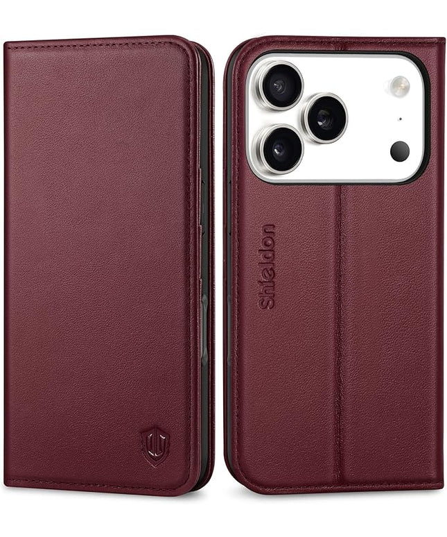 SHIELDON Genuine Leather Case Wallet for iPhone 17 Pro 5G 6.3" | RFID Blocking Credit Card Holder | Magnetic Closure | Folio Cover | Kickstand | TPU Soft Phone Shell 2025 | Wine Red