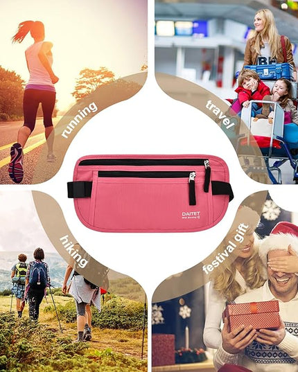 RFID Blocking Money Belt for Men Women, Slim Fanny Pack for Travel，Running,Conceal Waist Wallet for Passport Holder,Phone,Cash(Hot Pink)