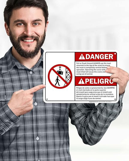 Danger Fall Or Crush Hazard Always Use The Level Mounted Bilingual Sign, 10x7 Inches, Rust Free .040 Aluminum, Fade Resistant, Made in USA by My Sign Center