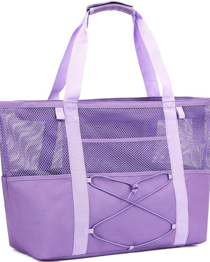 Mesh Beach Bag, Large Beach Tote with Zipper Pocket, Toys Pool Bag for Family Travel Vacation Cruise Essentials