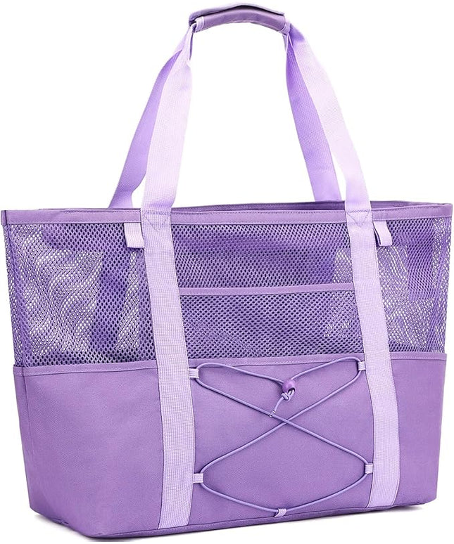 Mesh Beach Bag, Large Beach Tote with Zipper Pocket, Toys Pool Bag for Family Travel Vacation Cruise Essentials