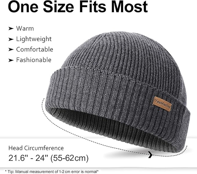 100% Merino Wool Fisherman Beanie for Men Women, Short Knit Cuff Trawler Winter Hat, Warm Soft Outdoor Gift