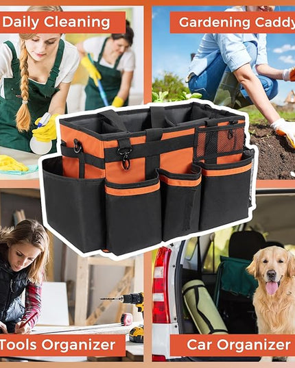Wearable Cleaning Caddy, Cleaning Caddy Supplies Organizer with Handle & Shoulder Straps for Housekeepers, Under Sink & Car Cleaning Tool Organizers Bag with 4 Foldable Divider (RetroOrange)