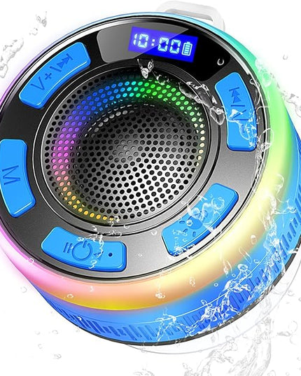 Shower Bluetooth Speaker IPX7 Waterproof, Portable Bluetooth Speakers with Suction Cup and Time Display, Crystal Sound&Bass LED Light 1100mAh, Wireless Shower Speaker for Outdoor/Kayak Dark Blue