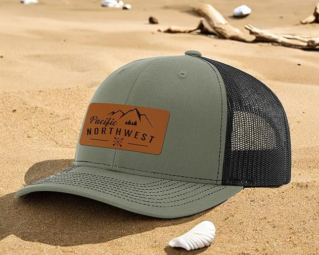 Pacific Northwest Baseball Snapback Trucker Hats with Leather Patch for Men and Women PNW Gifts Outdoor Camping Hiking Cap