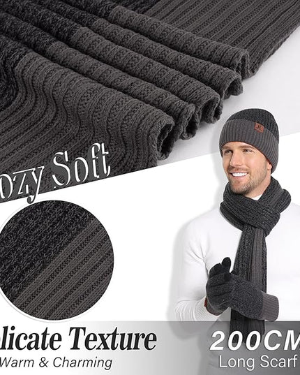 FZ FANTASTIC ZONE Mens Winter Knit Hat Beanie Long Neck Scarf Touchscreen Gloves Set Fleece Skull Caps Gifts for Men Women