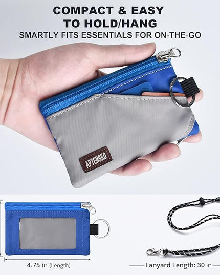 RFID Travel Wallet with Adjustable Lanyard-Zipper Small Wallet with ID Card Holder, Keychain for women&men-Minimalist Slim Waterproof Nylon case for ID, Cash, Key (Grey+Blue)