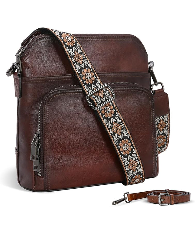 Iswee Leather Crossbody Bags for Women Multi Pockets Medium Shoulder Bag Lightweight Functional Travel Purse