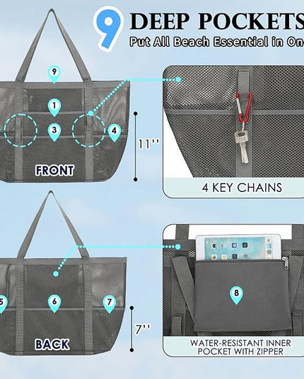 Mesh Beach Bag, Large Beach Tote with Zipper Pocket, Toys Pool Bag for Family Travel Vacation Cruise Essentials