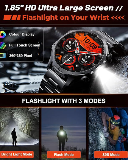 Militrary Smart Watch for Men,1.85" HD/800mAh Battery Smart watches for Android/iOS (Bluetooth Call Answer/Calls)Fitness Tracker,100+ Sports/LED Flashlight/IP68 Waterproof/Sleep Tracker Smartwatch