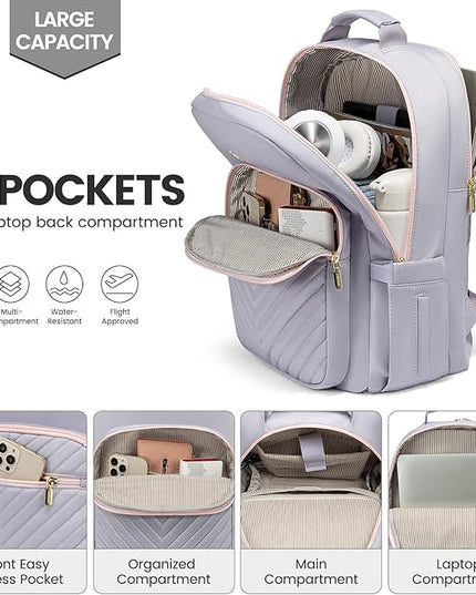 LOVEVOOK Laptop Backpack for Women 15.6 inch,Cute Travel Carry on Backpack Purse,Professional Computer Bag,Waterproof Work Business College Teacher Bag with USB Port,Grey Pink