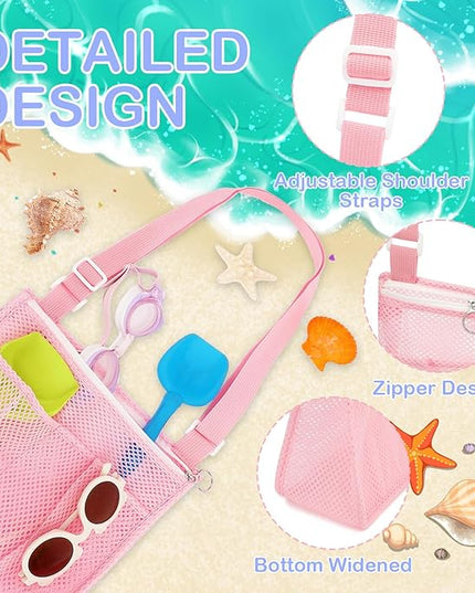 Mesh Beach Bag, Large Beach Tote with Zipper Pocket, Toys Pool Bag for Family Travel Vacation Cruise Essentials