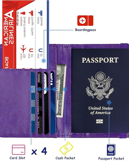 TOURSUIT RFID Blocking Passport Holder for Women Men, Leather Passport Travel Wallet with Metal 3D Metal Badge, Travel Document Holder Cover Accessories (Purple)