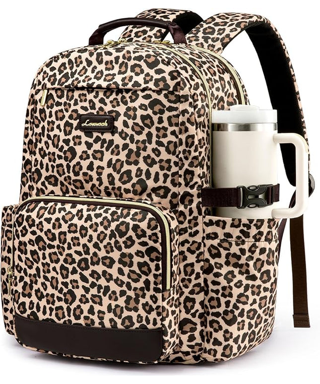 LOVEVOOK Laptop Backpack for Women with Pouch Pocket for Large Capacity Cup,17 Inch Laptop Computer Bag Travel Backpack Purse,Waterproof Work Business Backpack College Teacher Bags,Leopard print