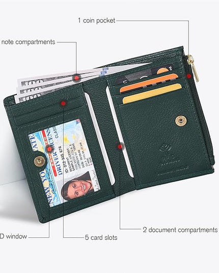 Oak Leathers Leather Wallet For Women - Small RFID Coin Purse Credit Card & ID Holder for Ladies, Gift for Women's, Bifold Wallets (Nappa Dark Green)
