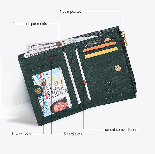 Oak Leathers Leather Wallet For Women - Small RFID Coin Purse Credit Card & ID Holder for Ladies, Gift for Women's, Bifold Wallets (Nappa Dark Green)