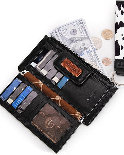 Montana West X Wrangler Cow Print Wallet for Women Ladies Female Card Cases & Money Organizers Wristlet with Wallet Large Clutch with Coin Purse Smooth Zipper and Rfid Lining