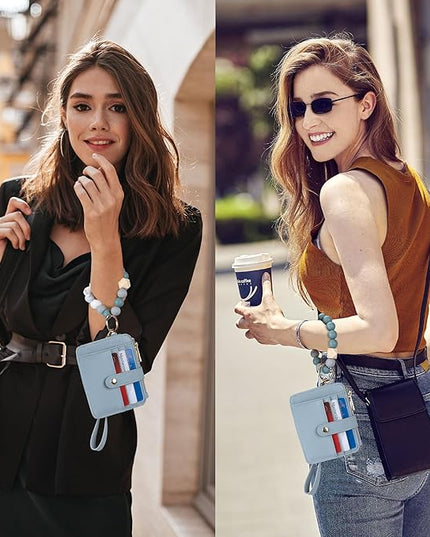 Keychain Wallet with Bracelet RFID Blocking Wristlet Credit Purse Card Holder, Silicone Bead Tassel Key Ring for Women