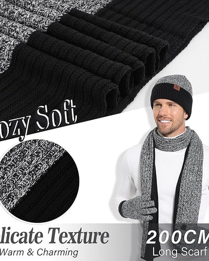 FZ FANTASTIC ZONE Mens Winter Knit Hat Beanie Long Neck Scarf Touchscreen Gloves Set Fleece Skull Caps Gifts for Men Women