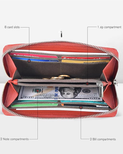Orange Leather Wallet for Women - RFID Womens Wallet Clutch with 8 Credit Card Holder, Coin Pocket, Gift for Women’s Teens Ladies