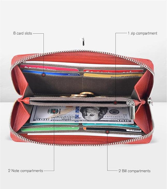 Orange Leather Wallet for Women - RFID Womens Wallet Clutch with 8 Credit Card Holder, Coin Pocket, Gift for Women’s Teens Ladies