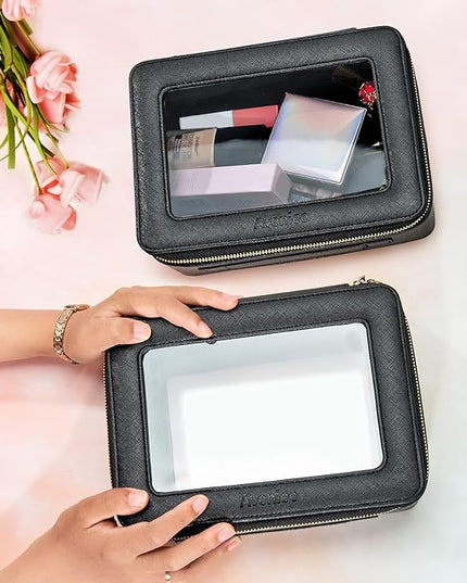 Aveniee Clear Makeup Bag Set,Portable Travel Toiletry Bag Cosmetic Case for Women,Vegan Leather Make Up Pouch Organizer Car Bag for Essentials 2pcs,Middle & Large,Black
