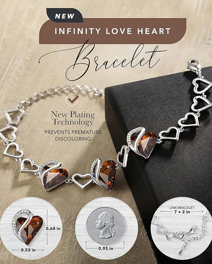 Leafael Infinity Love Heart Link Bracelets, Birthstone or Healing Stone Crystal Bracelet for Women, Silver Tone Jewelry Gifts for Her, 7-inch Chain and 2-inch Extender