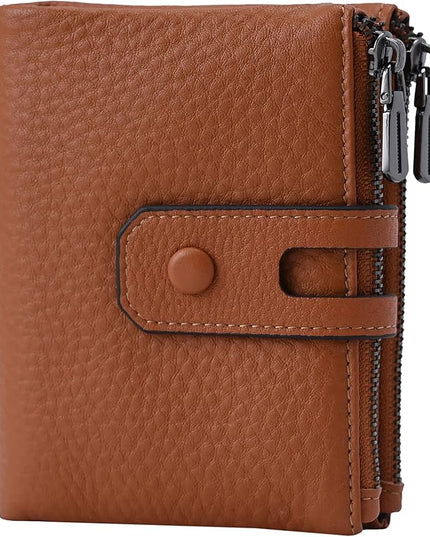 Bveyzi Small Soft Leather Wallet for Women RFID Blocking Ladies Card Holder with Double Zipper Pocket