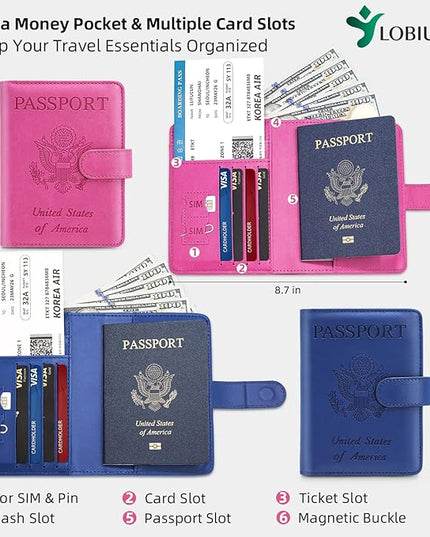2 Pack Passport Holder For Travel with Slot for AirTag & Luggage Tag Cover – RFID Blocking Passport Holder for Travel Women/Men | PU Leather Passport Case with Pocket, Blue/Pink