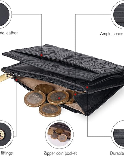 Oak Leathers Leather Wallet For Women - Small RFID Coin Purse Credit Card & ID Holder for Ladies, Gift for Women's, Bifold Wallets (Crazy Horse Black Flower)