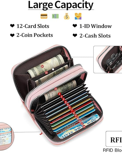 RNIEGA Credit Card Holder Wallet RFID Blocking Leather Small Wallet for Women Double Zipper Wallet with ID Window