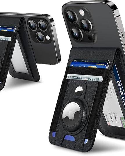 For Magsafe Wallet Stand with Airtag Holder, Strongest Magnetic Wallet for iPhone 17/16/15/14/13/12 Series, ID Window, 4 Card Slots, 10 Cards Holder, Vegan Leather, RFID Blocking, Black