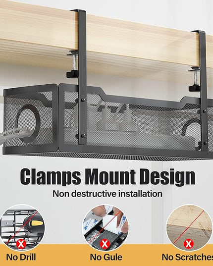 Under Desk Cable Management Tray Black, Cinati Wire Organizers No Drill, Cable Tray with Clamp for Wire Management, Cord Organization Box for Office, Home - No Damage to Desk