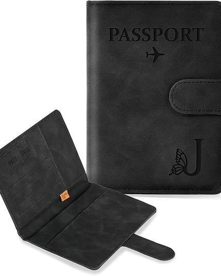 COSHAYSOO Initial RFID Passport Cover for Women Passports Book Holder Case Air Travel Essentials Airplane Flight Accessories Airline Plane Flying Must Haves Traveler Gifts Butterfly Letter Black J