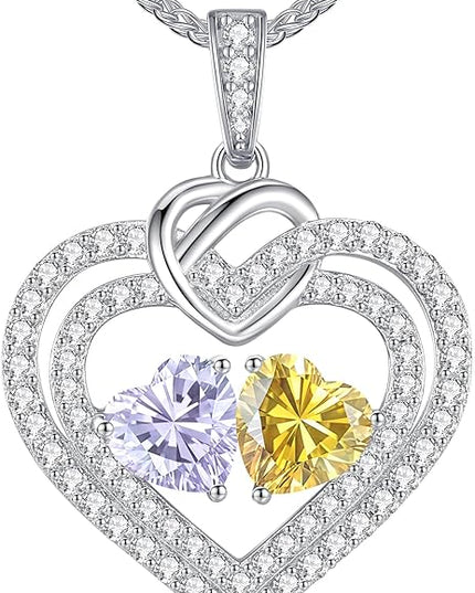 LOUISA SECRET Sparkling Double Heart Birthstone Necklaces for Women, 925 Sterling Silver Fine Jewelry, Pendant Heart Necklaces Birthday Anniversary Christmas Gift for Women Wife Mom Girlfriend Lady