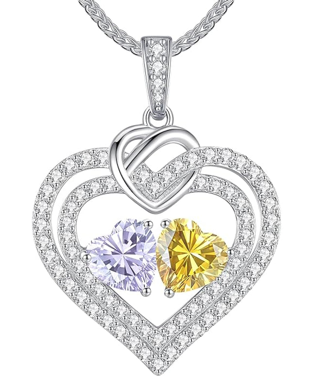 LOUISA SECRET Sparkling Double Heart Birthstone Necklaces for Women, 925 Sterling Silver Fine Jewelry, Pendant Heart Necklaces Birthday Anniversary Christmas Gift for Women Wife Mom Girlfriend Lady