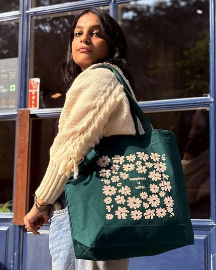 Ecoright Aesthetic Canvas Tote Bag for Women Large Zipper Tote Bags with Pocket, Womens Tote Bag for Yoga, Work, Beach