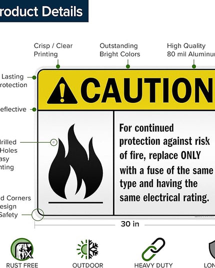 Warning For Continued Protection Against Risk Of Fire Replace Sign, 24x30 Inches, 3M EGP Reflective .080 Aluminum, Fade Resistant, Made in USA by My Sign Center