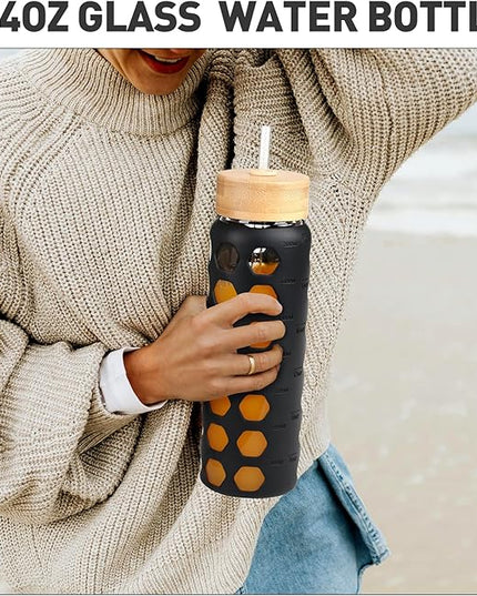 MUKOKO Glass Water Bottles, 24oz Glass Tumbler with Straw, Drinking Bottles with 2 Lids-Handle Spout Lid&Bamboo Straw Lid, Motivational Water Bottle with Time Marker and Silicone Sleeve, 1 Pack-Black