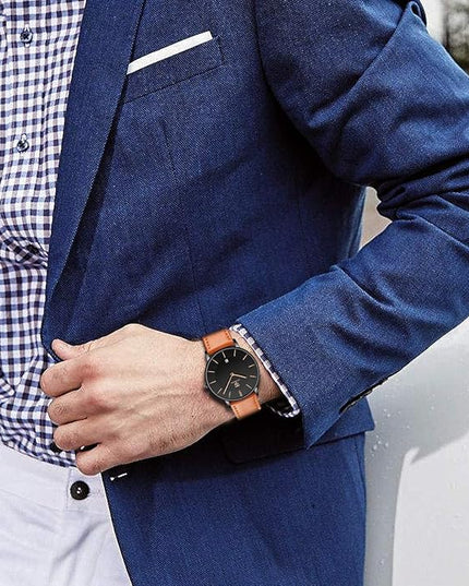 L LAVAREDO Watch for Men, Extremely Thin Mens Watches Minimalist Analog Men's Leather Wrist Watches with Time/Date, Birthday Gift for Men Boyfriend