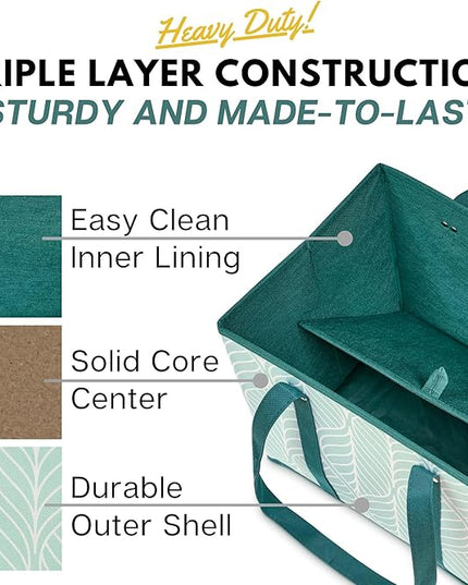 Reusable Grocery Bags (3 Pack) – Heavy Duty Reusable Shopping Bags for Groceries with Box Shape to Stand Up, Stay Open, Fold Flat – Large Tote-Bag is Foldable with Long Handles & Hard Bottom (Green)