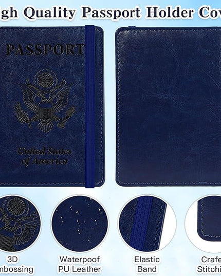 Passport Holder for Travel, RFID Blocking Passport Cover with Pen Holder Leather Passport Wallet Case Travel Must Haves Accessories Passport Book Card Holder for Family Travel Essentials, Dark Blue