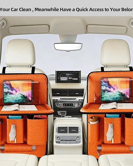 Car Back Seat Organizer, Black Woven Leather Storage Bag, Multifunctional Rear Seat Protector with Tablet Holder, 25.2x17.7 Inches, Abrasion Resistant (Orange)