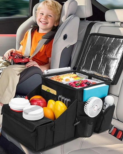 COOLBEBE Car Seat Organizer, Backseat Car Organizer with Cup Holders for Kids and Adults Travel, Cooler Compartment Passenger Seat Organizer Storage Box for Front or Middle Seat, Black