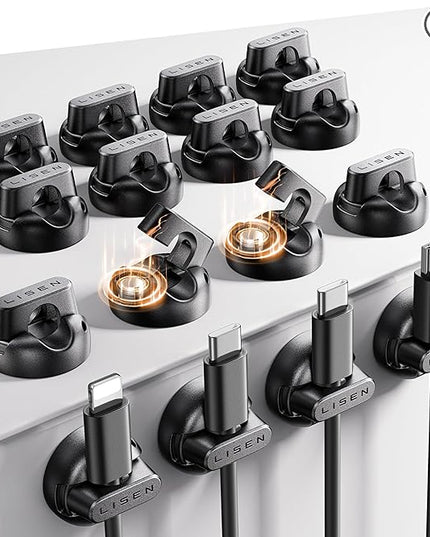16-Pack Magnetic Cable Clips [1S Snap-On] Cord Holder, LISEN Office Desk Organizers and Accessories with 8 Extra Strong Adhesive Pads, Wire Organizer for Nightstand, Home, Wall, Car, Desktop