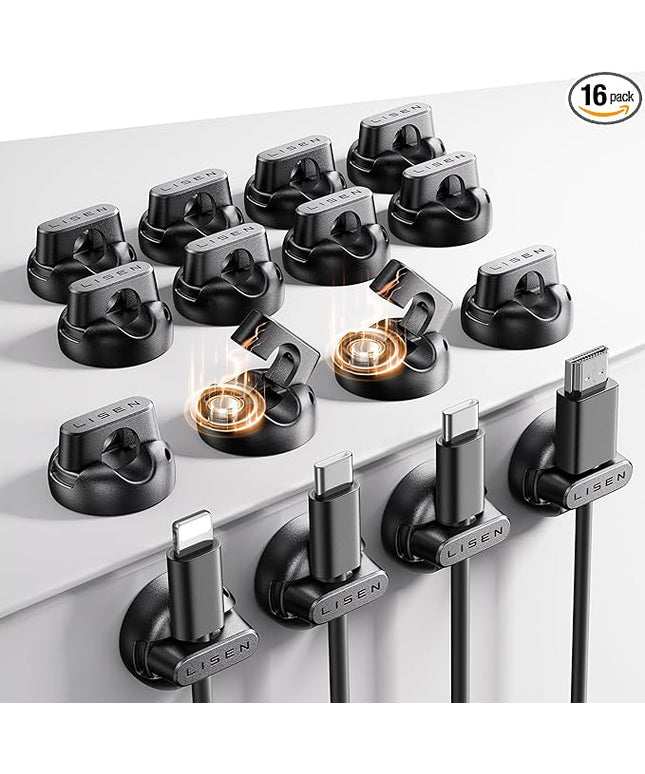 16-Pack Magnetic Cable Clips [1S Snap-On] Cord Holder, LISEN Office Desk Organizers and Accessories with 8 Extra Strong Adhesive Pads, Wire Organizer for Nightstand, Home, Wall, Car, Desktop