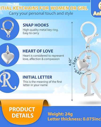 A-Z Heart Initial Letter Keychain, Stainless Steel Alphabet Charm for Handbags, Gift for Women and Girls