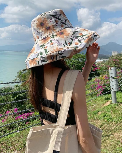 HUAMULAN Women Summer Sun Hat Wide Brim Wired Edge Floral Beach Bucket Hats Reversible Foldable Travel UV Protection Lady Hat