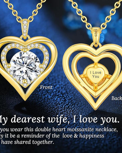 ANDSO Moissanite Heart Pendant Necklaces for Women, 925 Sterling Silver Necklace Engraved with 'I LOVE YOU', Ideal Anniversary Birthday Christmas Jewelry Gifts for Mom Wife Girlfriend Daughter Her
