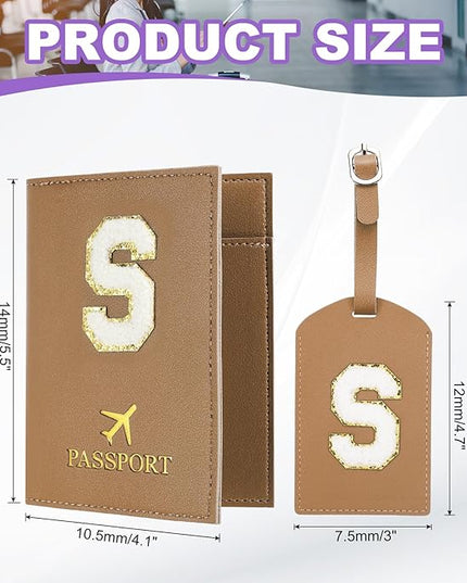 PATIKIL Passport Holder for Travel, Initial Passport Cover and Luggage Tag Set with Alphabet Chenille Letter Patch Travel Wallet Bag Suitcase Identifier for Women Family Travel Brown S